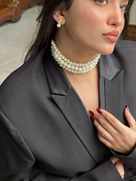 Three Line Pearl Choker Necklace with Gold Kundan Stud Earrings (NSK-5269)