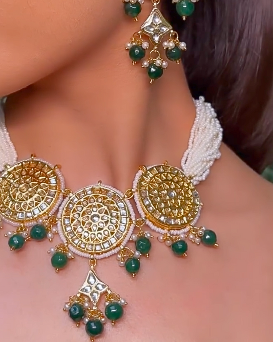 Chakra Green & White Kundan Choker Necklace
