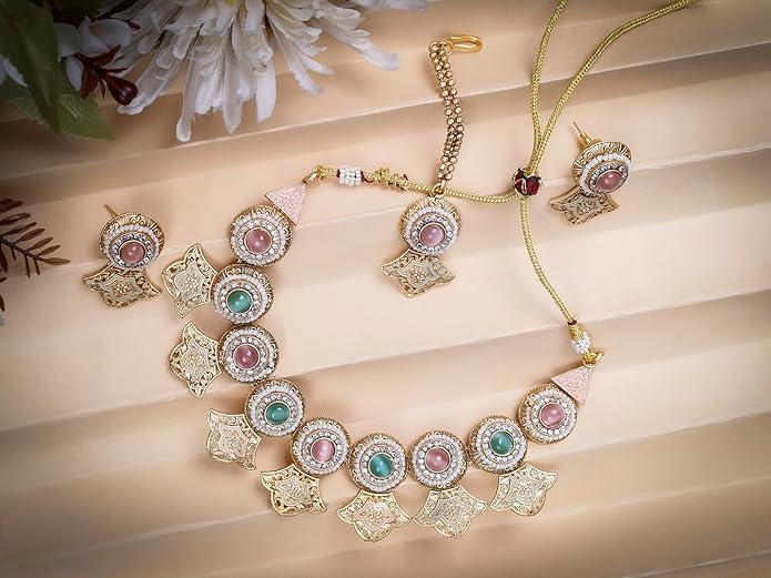 Temple Gold & Pastel Collar Necklace Set with Maang Tikka
