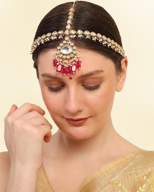 Ruby Kundan Mathapatti/Sheeshfool with Pearl Drops