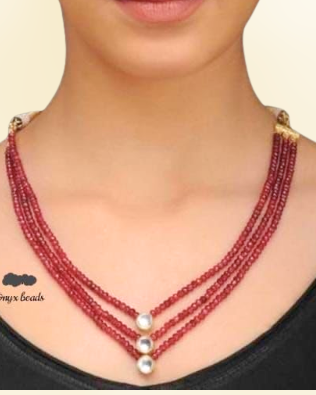 Kundan Three-Strand Red Onyx Beaded Necklace with Stud Earrings