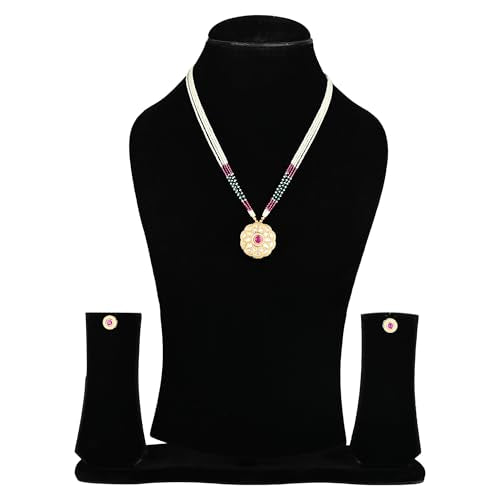 Red Green Gold Kundan Pendant Necklace with Stud Earrings