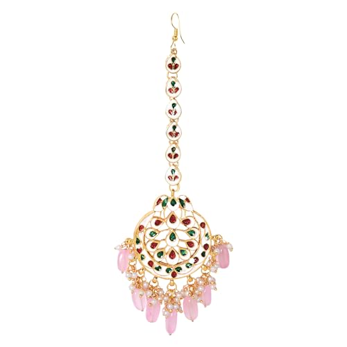 Jewellity Pink Beads in Gold Kundan with back meena work Traditional Maang Tika/Tikka Wedding/Festive for Women/Girls TK-5245
