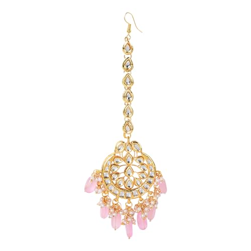 Jewellity Pink Beads in Gold Kundan with back meena work Traditional Maang Tika/Tikka Wedding/Festive for Women/Girls TK-5245
