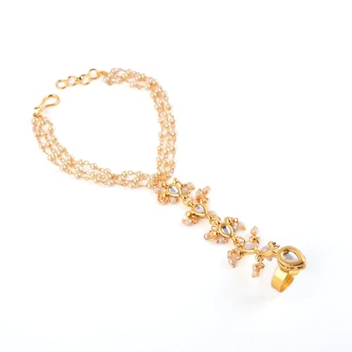 Jewellity Kundan and Pearl Gold Handchain with Adjustable Ring, Free Size, For Women and Girls HCK-5276