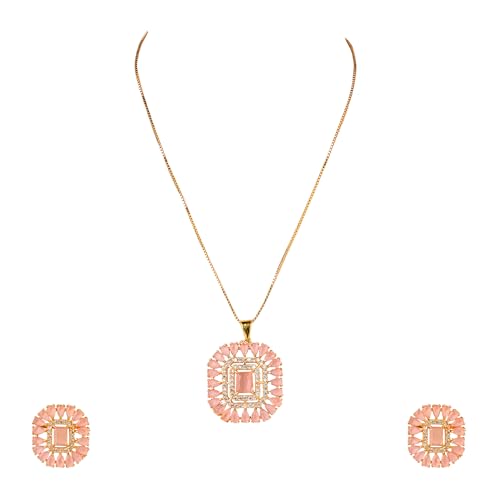 Jewellity Pink Golden Pendant And Earrings Set (with chain) For Women/Girls PSG-1103