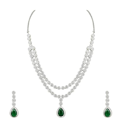 Two-Layer Necklace Set with Green Teardrop Stone and Dangle Earrings