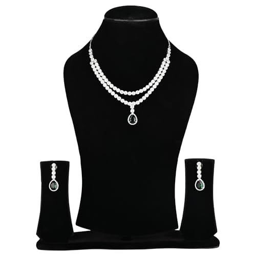 Two-Layer Necklace Set with Green Teardrop Stone and Dangle Earrings