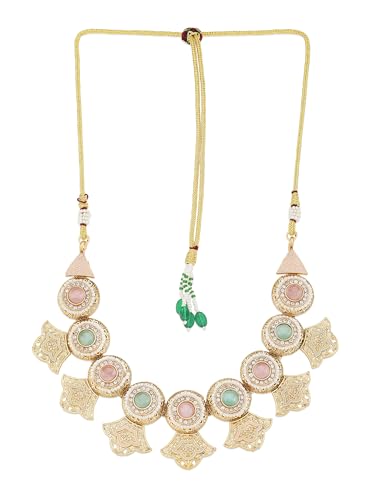 Temple Gold & Pastel Collar Necklace Set with Maang Tikka
