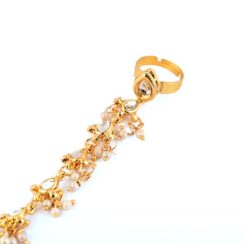 Jewellity Kundan and Pearl Gold Handchain with Adjustable Ring, Free Size, For Women and Girls HCK-5276