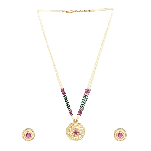 Red Green Gold Kundan Pendant Necklace with Stud Earrings