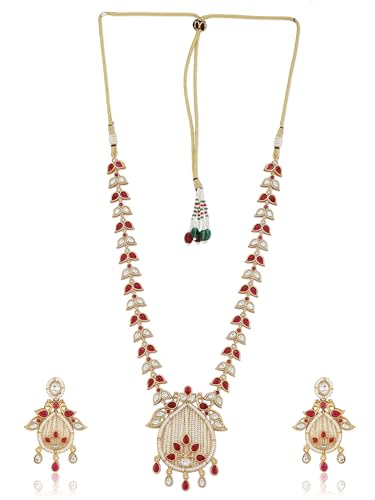 Jewellity Ruby Red Stone with Kundan and White Pearls Designer Necklace With Earrings For Women NSG-195