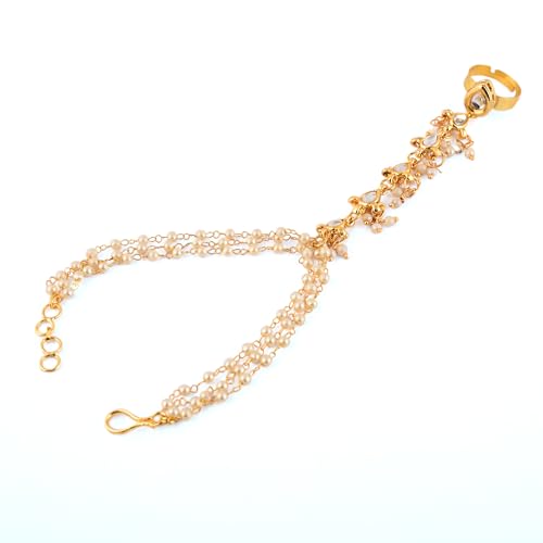 Jewellity Kundan and Pearl Gold Handchain with Adjustable Ring, Free Size, For Women and Girls HCK-5276