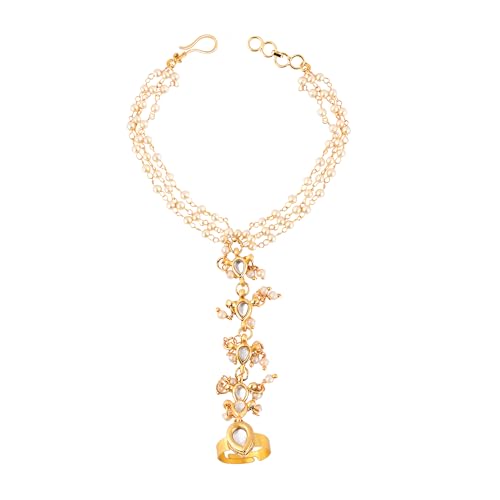 Jewellity Kundan and Pearl Gold Handchain with Adjustable Ring, Free Size, For Women and Girls HCK-5276