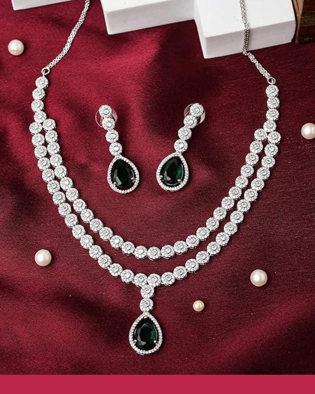 Two-Layer Necklace Set with Green Teardrop Stone and Dangle Earrings
