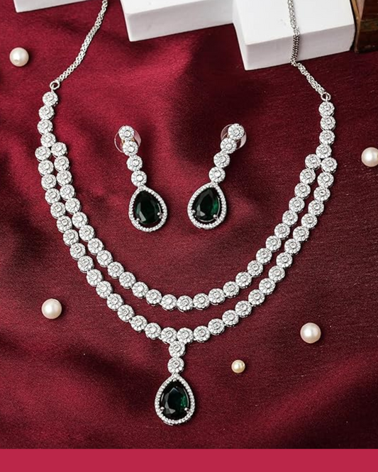 Two-Layer Necklace Set with Green Teardrop Stone and Dangle Earrings