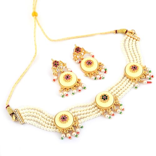 Jewellity Pearl Necklace Set with MOP Statement Pieces with Multicolour Stones and Earrings For Women/Girls NSG-1115