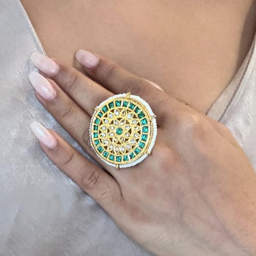 Round Green Adjustable Kundan Ring