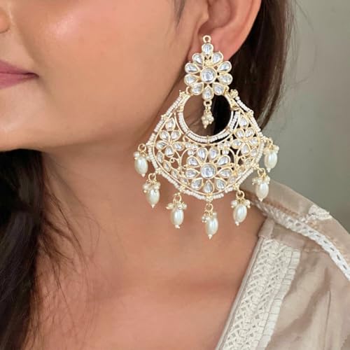 Jewellity White Kundan Chandbalis With Pearl Droppings Light Gold Designer Traditional, Wedding, Festive Earrings For Women And Girls ERK-5241