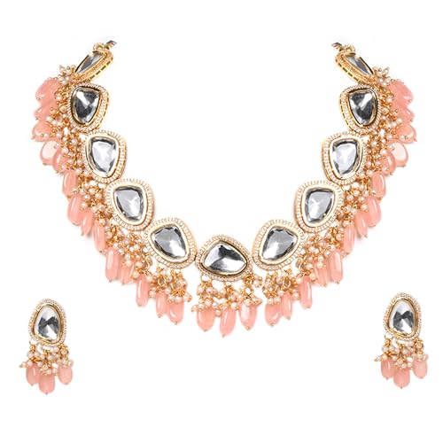 Jewellity Peach Beads and Foil Kundan Golden Necklace with Earrings for Girls/Women NSK-5160