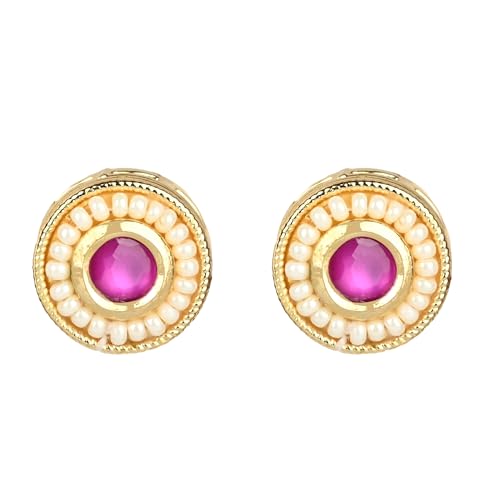 Red Green Gold Kundan Pendant Necklace with Stud Earrings