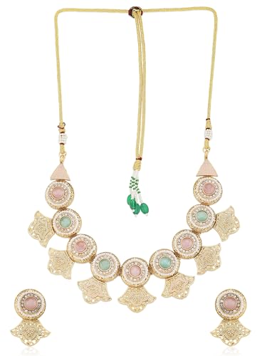Temple Gold & Pastel Collar Necklace Set with Maang Tikka