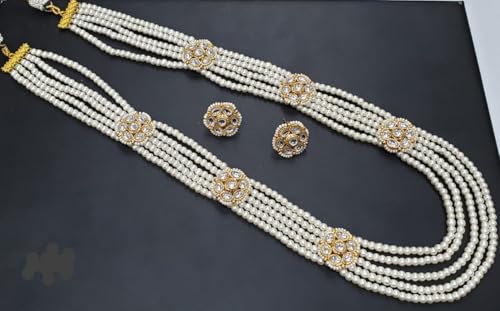 Jewellity White Pearls Kundan Long Necklace Set, Gold Plated, with Stud Earrings For Women/Girls NSK-5258