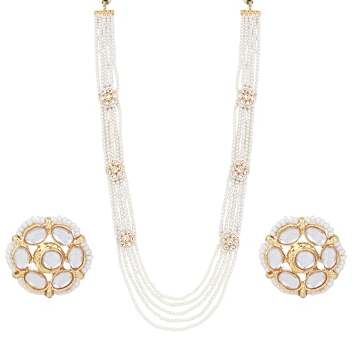 Jewellity White Pearls Kundan Long Necklace Set, Gold Plated, with Stud Earrings For Women/Girls NSK-5258