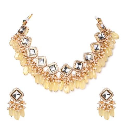 Jewellity Lemon/Pastel Yellow Beads and Kundan Golden Necklace with Earrings for Girls/Women NSK-5161