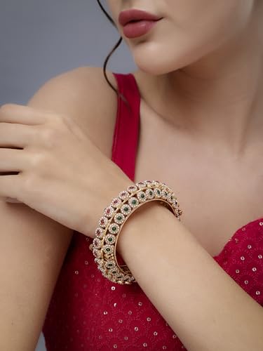 Jewellity Ruby Pink and Green stone/Multicolor Gold Openable Bangles for Women/Girls BG-190
