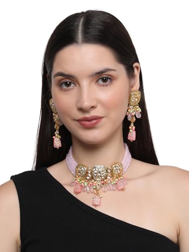 Jewellity Pink/Light Pink/Baby Pink Kundan Choker Designer Necklace with Long Earrings For Women/Girls NSK-5137