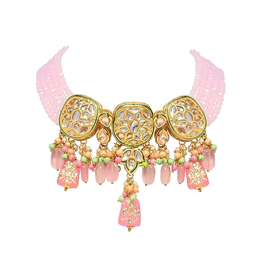 Jewellity Pink/Light Pink/Baby Pink Kundan Choker Designer Necklace with Long Earrings For Women/Girls NSK-5137