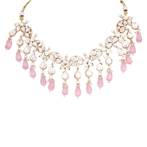 Jewellity Pink Moissanite Kundan Rose Gold Finish Necklace with Earrings For Women NSK-5233