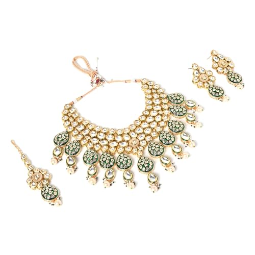 Traditional Bridal Green & Gold Necklace with Earrings and Maang Tikka