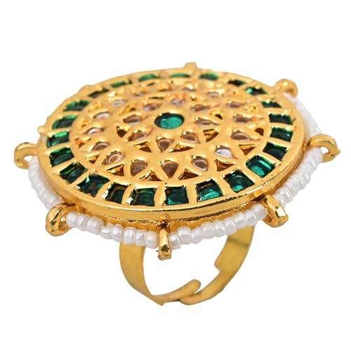 Round Green Adjustable Kundan Ring