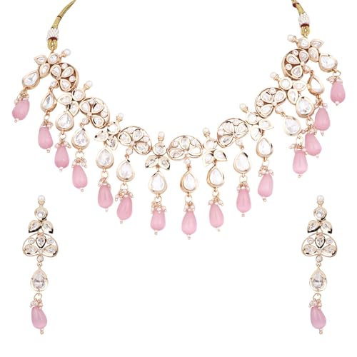 Jewellity Pink Moissanite Kundan Rose Gold Finish Necklace with Earrings For Women NSK-5233