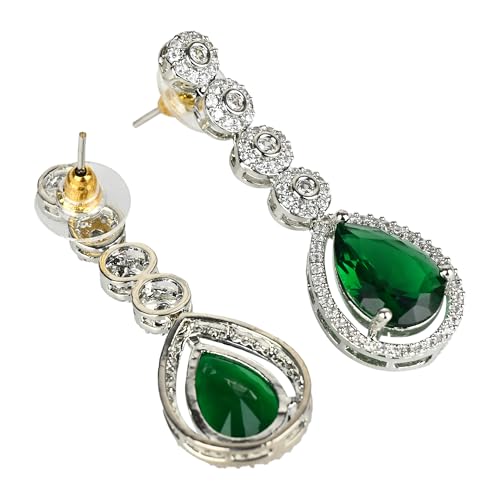 Two-Layer Necklace Set with Green Teardrop Stone and Dangle Earrings