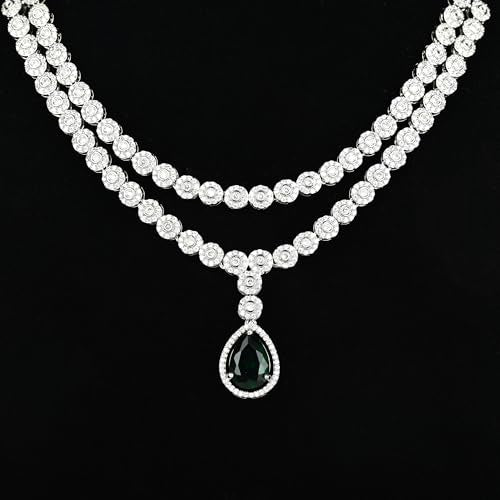 Two-Layer Necklace Set with Green Teardrop Stone and Dangle Earrings