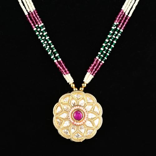 Red Green Gold Kundan Pendant Necklace with Stud Earrings