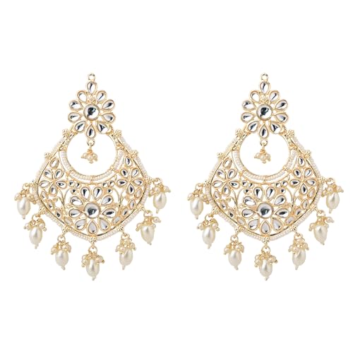Jewellity White Kundan Chandbalis With Pearl Droppings Light Gold Designer Traditional, Wedding, Festive Earrings For Women And Girls ERK-5241