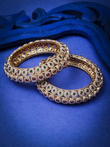Jewellity Ruby Pink and Green stone/Multicolor Gold Openable Bangles for Women/Girls BG-190