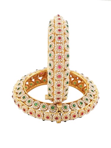 Jewellity Ruby Pink and Green stone/Multicolor Gold Openable Bangles for Women/Girls BG-190