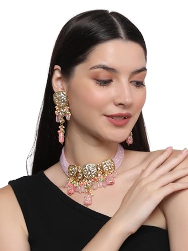 Jewellity Pink/Light Pink/Baby Pink Kundan Choker Designer Necklace with Long Earrings For Women/Girls NSK-5137
