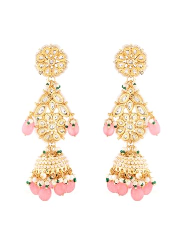 Jewellity Pink and Gold/Golden Kundan with Back Meena Jhumki Dangle Long Earrings for Women/Girls ERK -5239