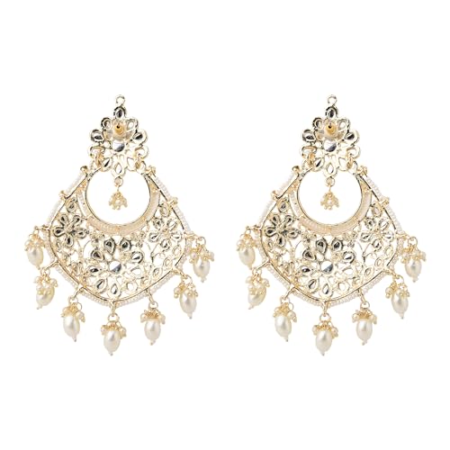 Jewellity White Kundan Chandbalis With Pearl Droppings Light Gold Designer Traditional, Wedding, Festive Earrings For Women And Girls ERK-5241