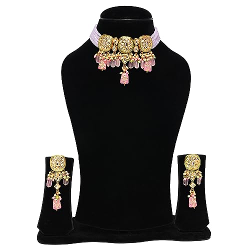 Jewellity Pink/Light Pink/Baby Pink Kundan Choker Designer Necklace with Long Earrings For Women/Girls NSK-5137