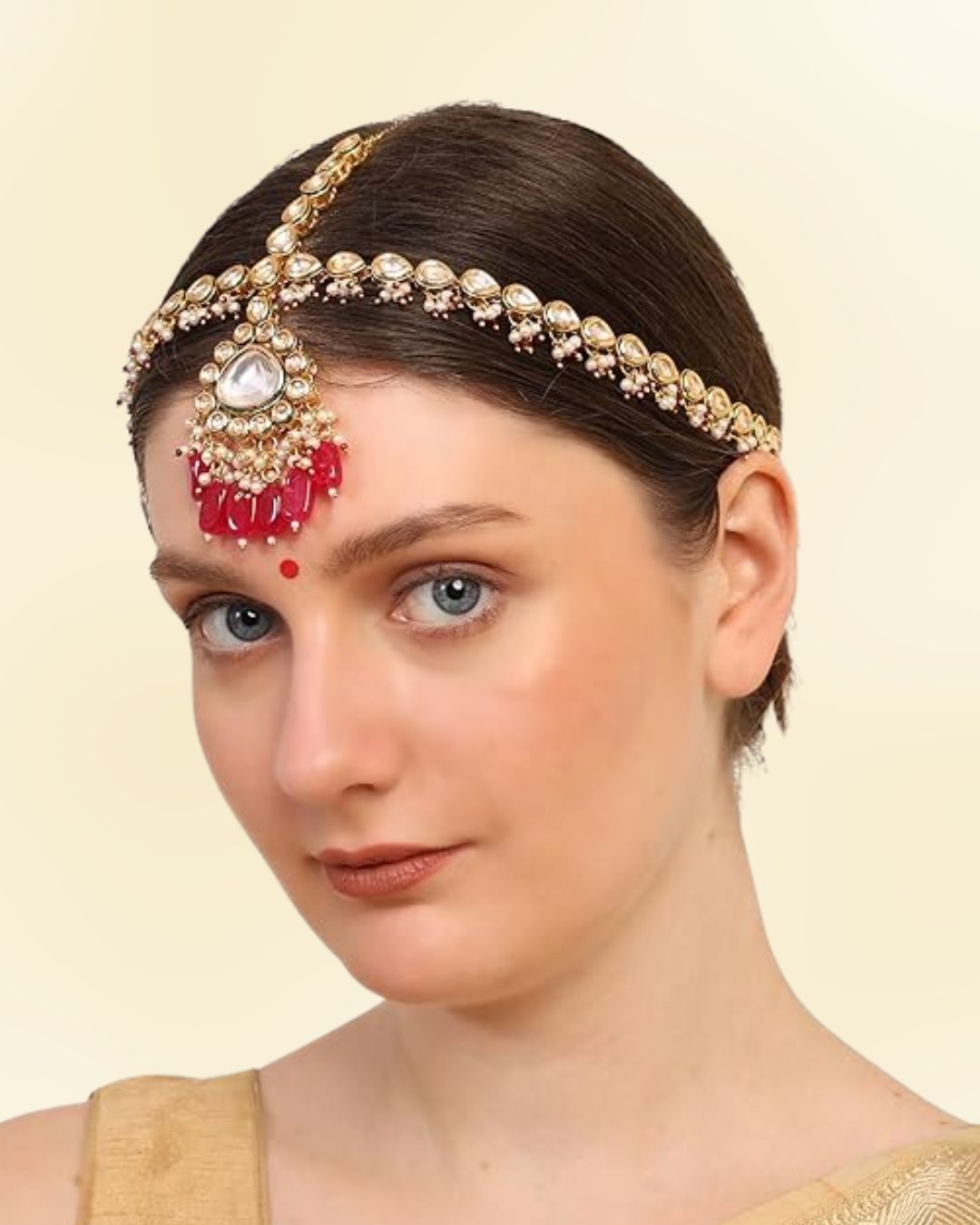 Ruby Kundan Mathapatti/Sheeshfool with Pearl Drops