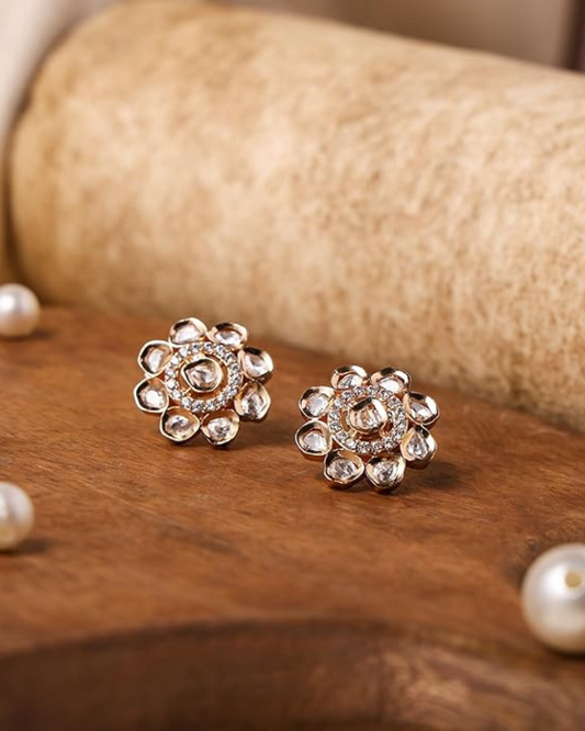 Floral Polki Crystal Stud Earrings (Rose Gold Finish)