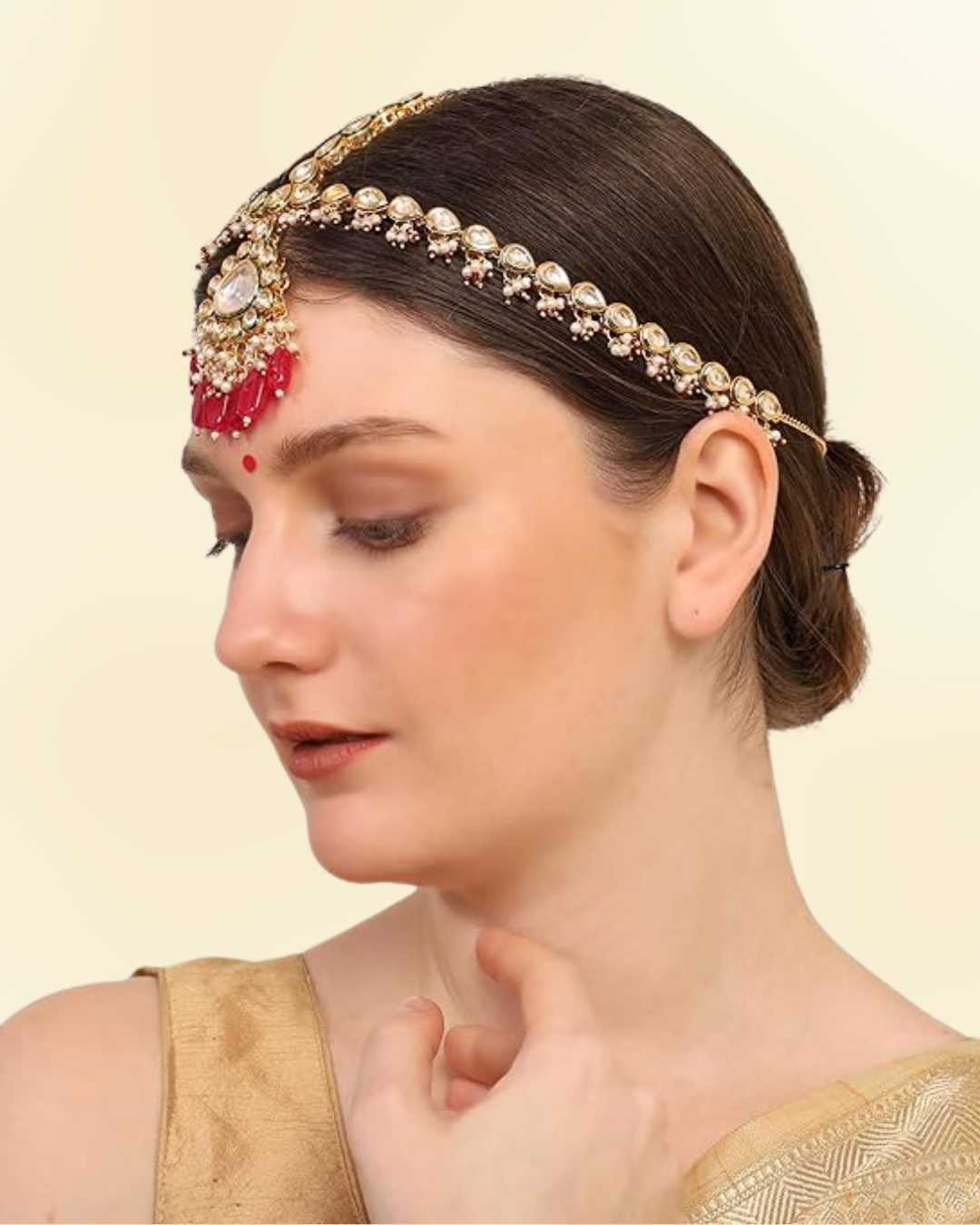 Ruby Kundan Mathapatti/Sheeshfool with Pearl Drops