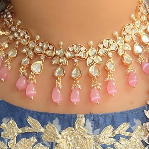 Jewellity Pink Moissanite Kundan Rose Gold Finish Necklace with Earrings For Women NSK-5233